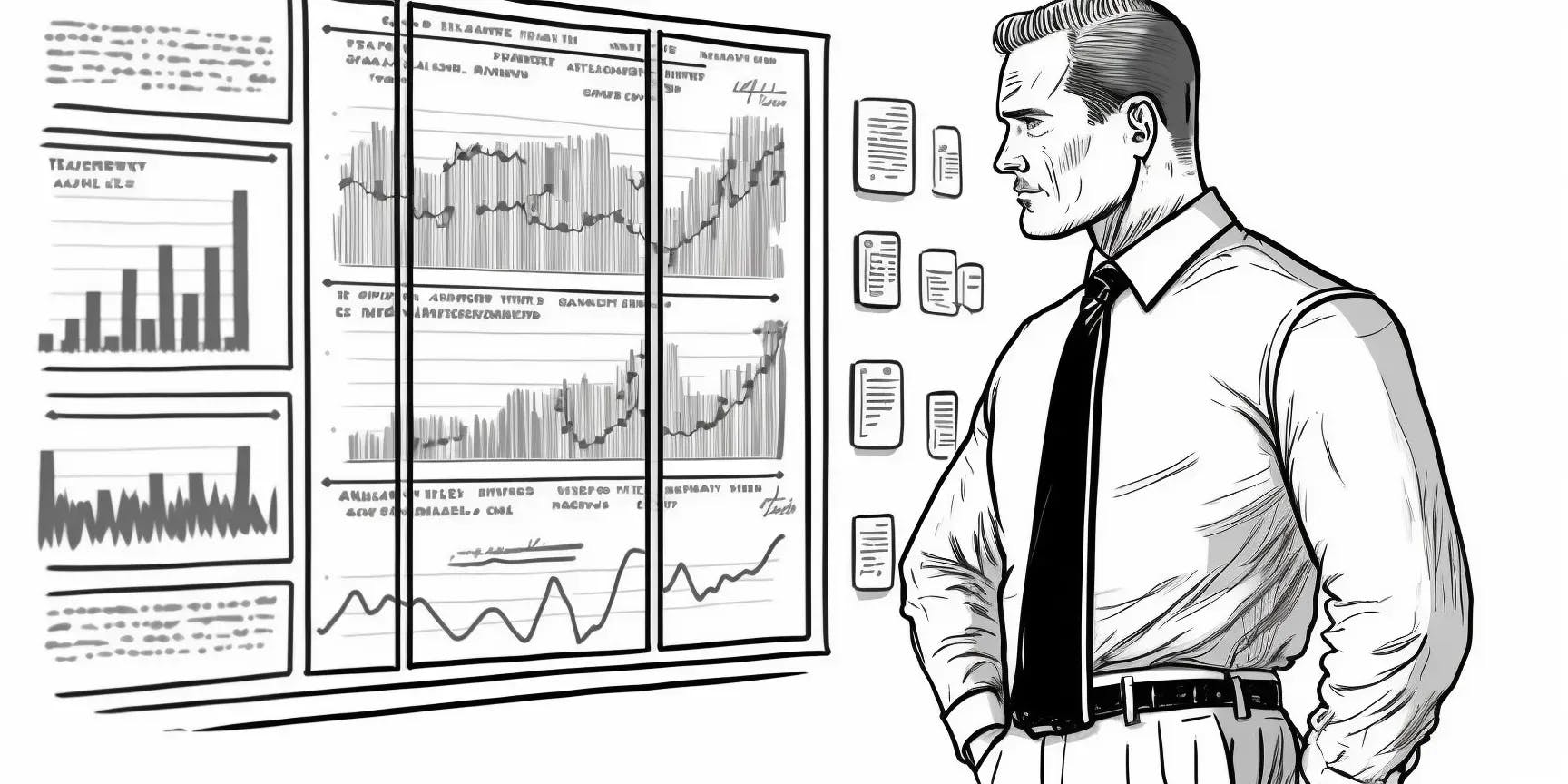 A man looking concerned starring at a panel filled with various graphs.
