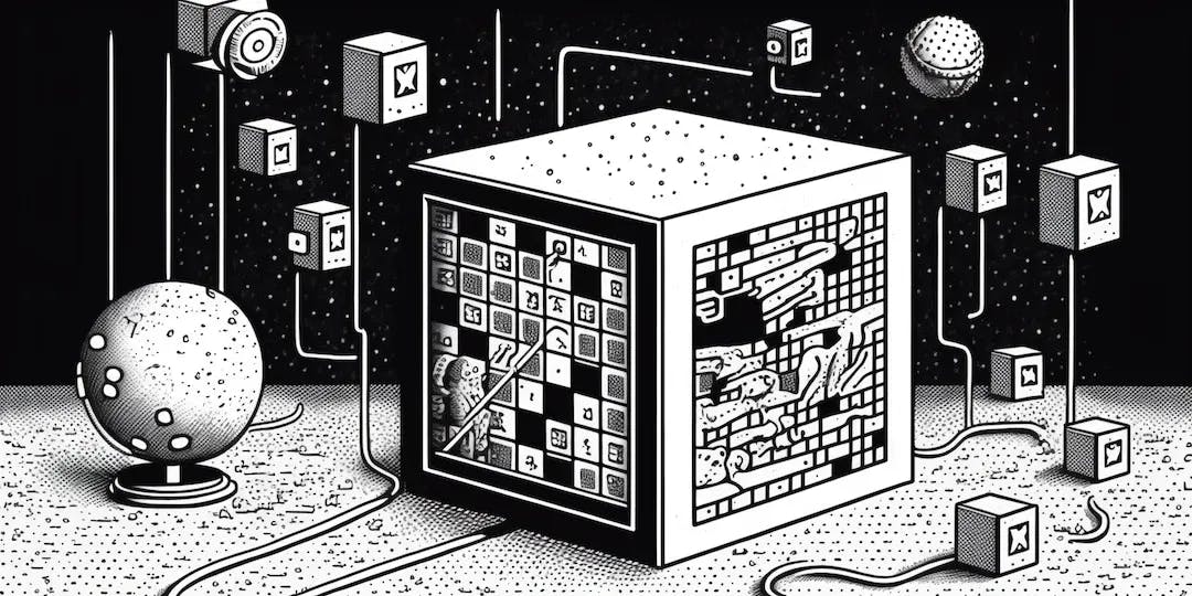A big cube with each of its face being a graph, surrounded by wires, other cubes and spheres, all sitting on the surface of the moon.