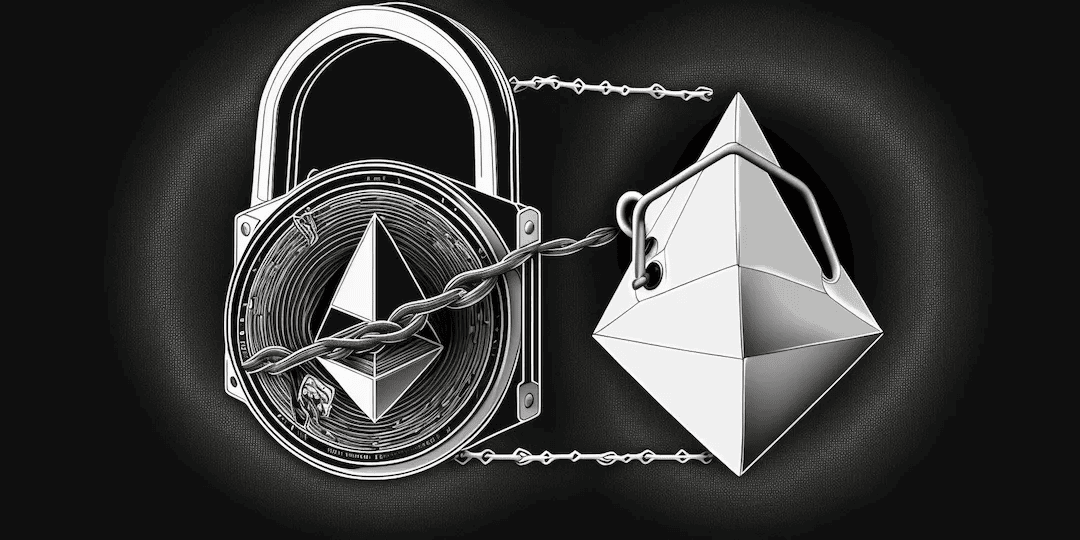 A Lock and Ethereum's cryptocurrency logo interlaced with chains.
