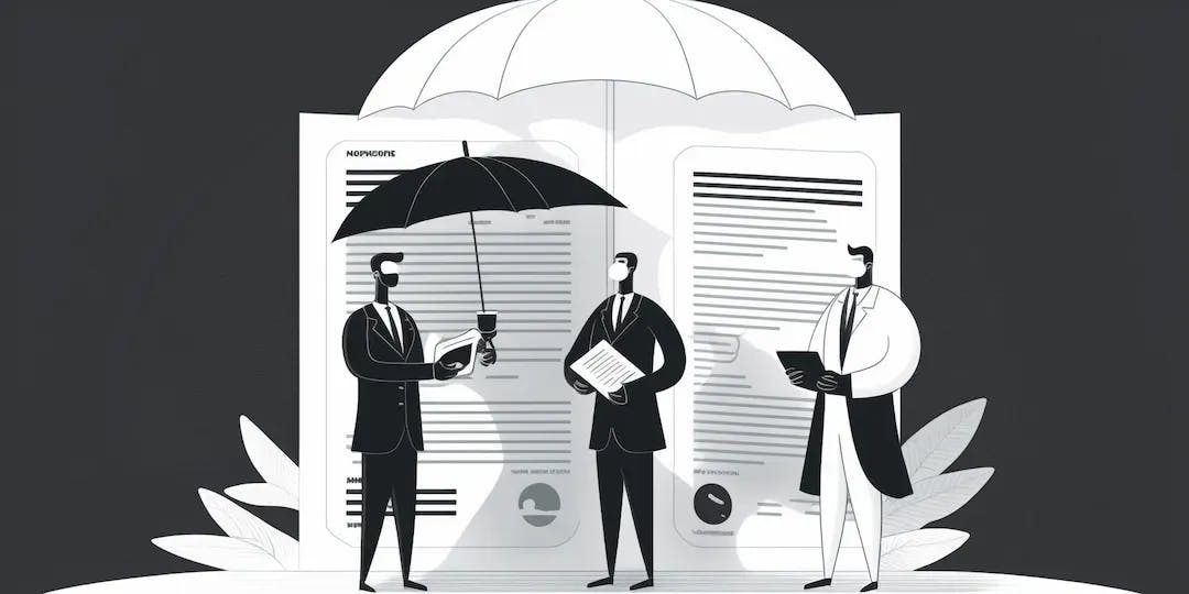 Three men, one holding an umbrella, the other a report and another a tablet, all in front of huge open book with an umbrella on top.