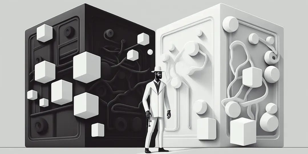 Two big safes side by side, one black and one white, with cubes around them and a man in white suit in the middle.