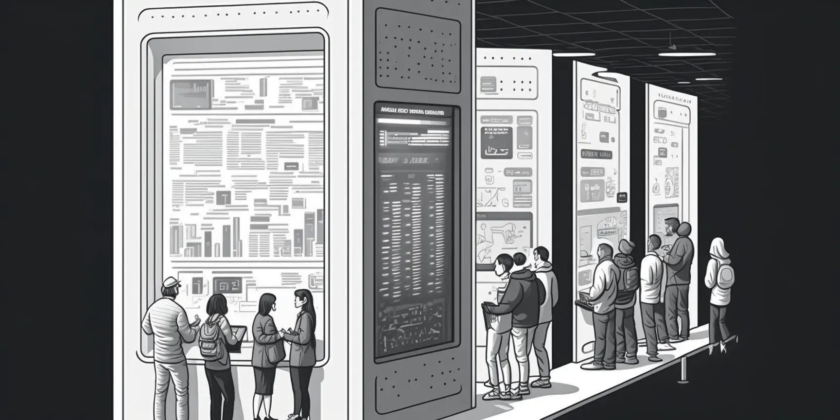 A row of big vending machines, with a line of people staring at each of them, representing a futuristic decentralized trading place.