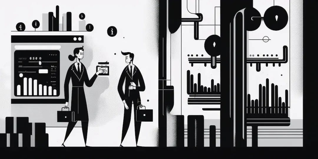 A woman in a suit with a suitcase talking with a smaller men in suit with a suitcase in a place that resembles a gym but instead of regular gym equipment, it's just a bunch of graphs .