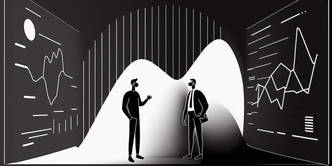 A man explaining something to another men in a suit while both are in a huge dark room filled in graphs with an array of light shining upon them.